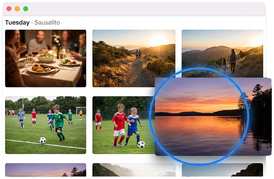A macOS Photos-style window showing a moment titled Tuesday in Sausalito, with one photo popped forward and selected