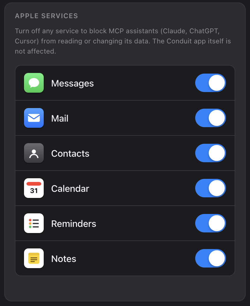 Conduit settings showing per-service on/off toggles for Messages, Mail, Contacts, Calendar, Reminders, and Notes