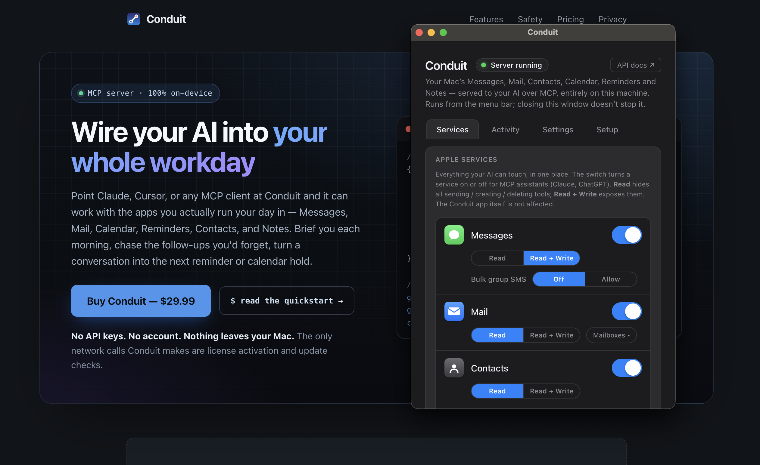 Conduit hero and app window — demo video coming soon
